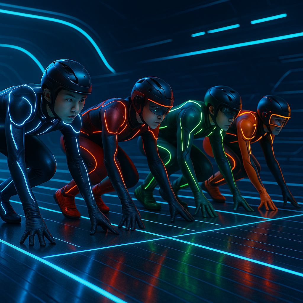 Kids in futuristic Tron-like poses representing future-ready skills